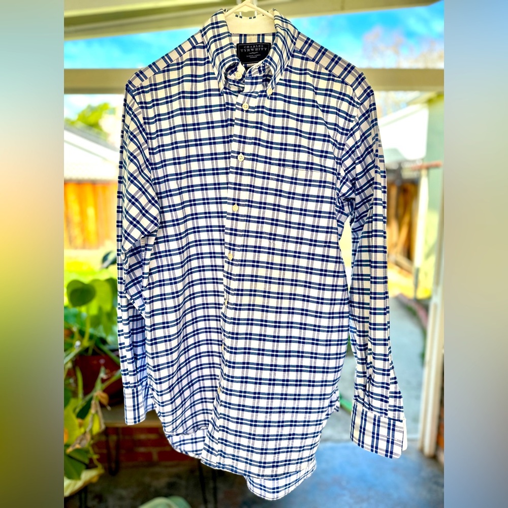 Charles tyrwhitt london Thick White & Blue Plaid Cotton LONG SLEEVE SHIRT Med